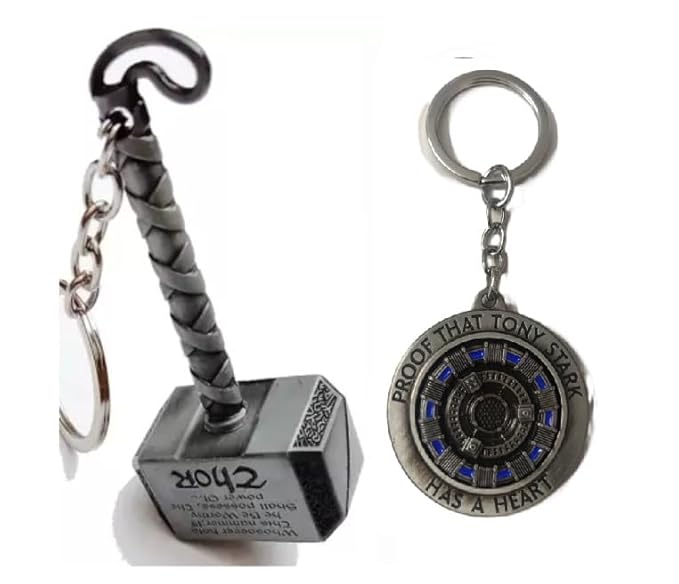 Thor Hammer Metal Keychain, Ironman Tony Stark Revolving Arc Reactor Metal Keyring, Pack of 2